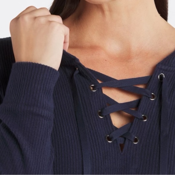 Market & Spuce Navy Blue Lace-Up Women's Top Sz M - Picture 4 of 5